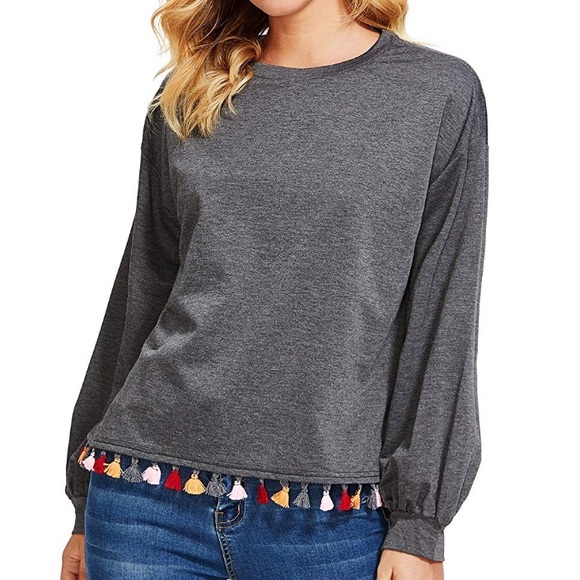 ROMWE Tops - Gray Tassels Long Sleeve Pullover